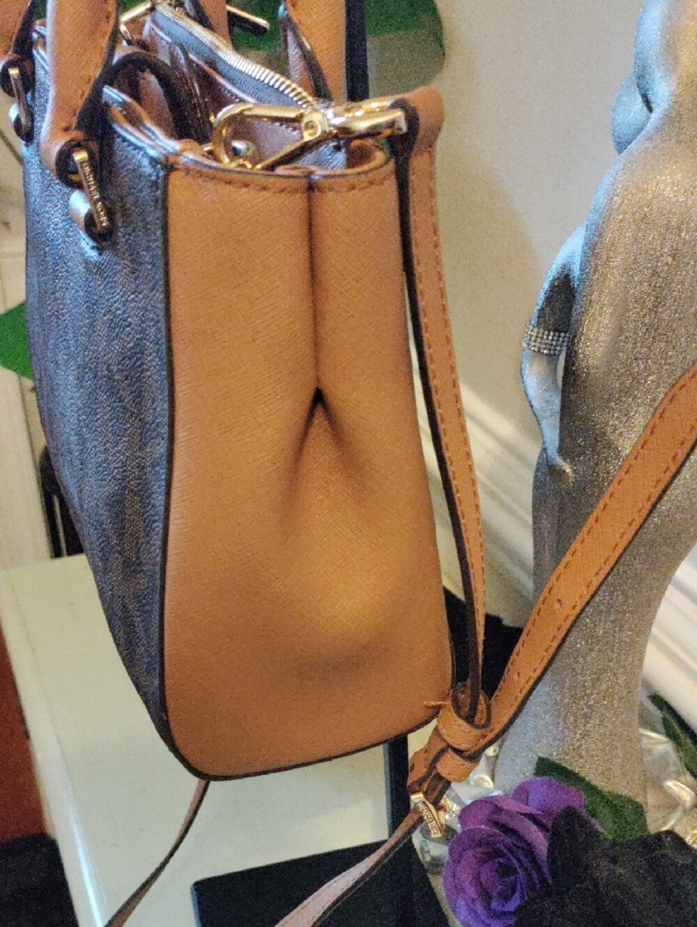 Michael Kors Brown Logo Satchel with Tan Handles and Gold Studs - Picture 5 of 7